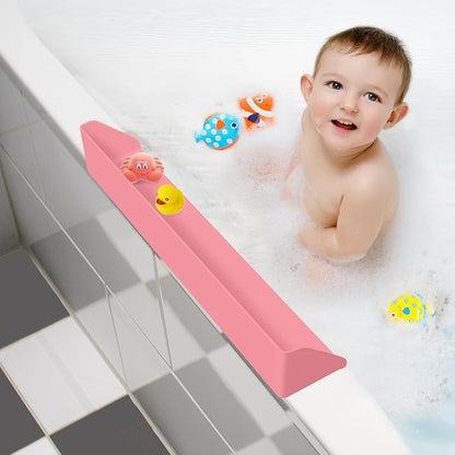 Splash Guard for Bathtub, 3.8" x 3.6" Silicone Bath Tub Splash Guard with 6 Suction Cups, Bathtub SplashGuard Play Shelf Area for Kids with 3°Drainage Slope for Faster Drying - Pink