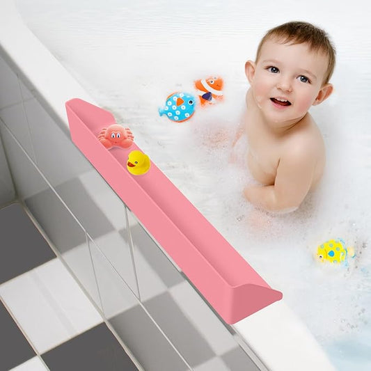 Splash Guard for Bathtub, 3.8" x 3.6" Silicone Bath Tub Splash Guard with 6 Suction Cups, Bathtub SplashGuard Play Shelf Area for Kids with 3°Drainage Slope for Faster Drying - Pink