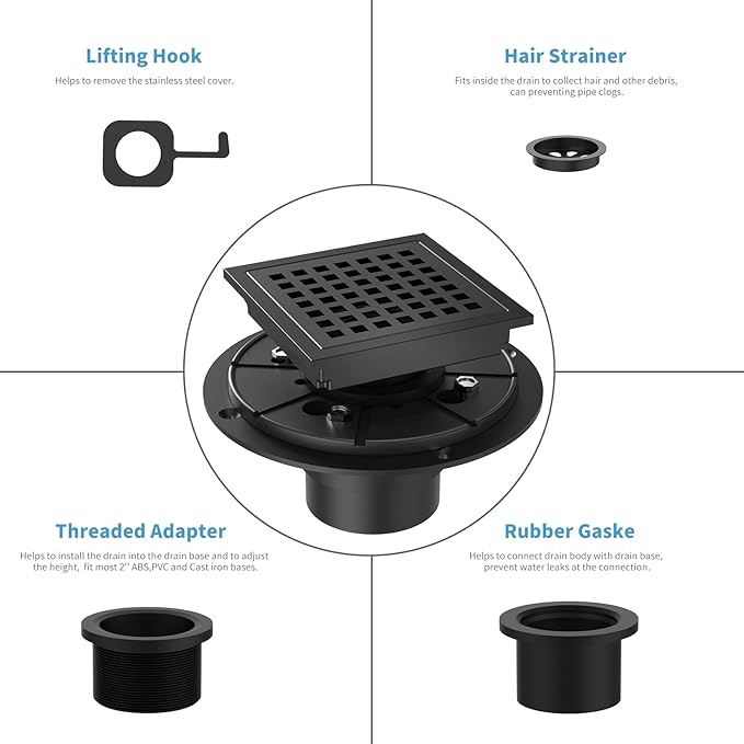 4 Inch Square Shower Floor Drain, Brushed Nickel High Flow Shower Drain Kit with Flange with Hair Filter, Removable Grate Cover, Stainless Steel, Abs Fixing Tray, CUPC Certified (Matte Black)