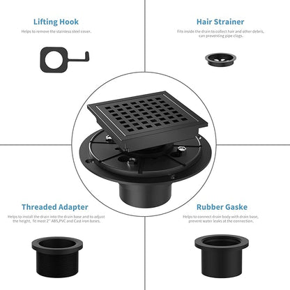 4 Inch Square Shower Floor Drain, Brushed Nickel High Flow Shower Drain Kit with Flange with Hair Filter, Removable Grate Cover, Stainless Steel, Abs Fixing Tray, CUPC Certified (Matte Black)