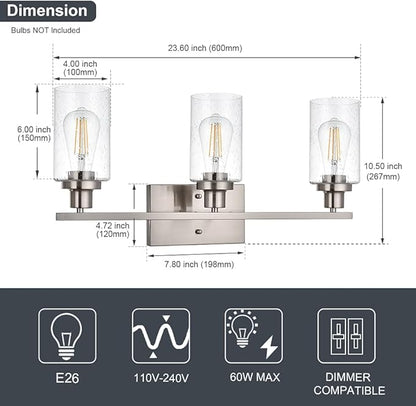 Bathroom Light Fixtures 3-Lights Seeded Glass in Brushed Nickel Finish, 23.6-Inches Vanity Lighting Bath Wall Mount Lamp for Kitchen Living Room Workshop