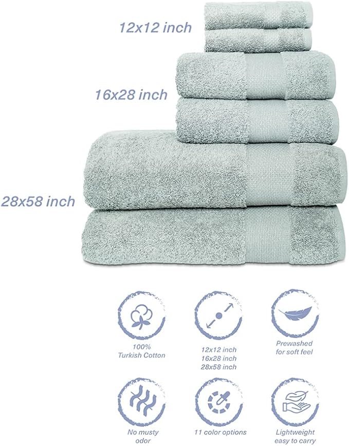 Hencely 6-Piece Bath Towel Set - High Absorbency, Quick Drying - 100% Soft Turkish Cotton - 2 Bath Towels, 2 Hand Towels, 2 Washcloths - for Bathroom, Home, Hotel, Spa, and Gym - 6-Pack Light Green