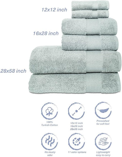 Hencely 6-Piece Bath Towel Set - High Absorbency, Quick Drying - 100% Soft Turkish Cotton - 2 Bath Towels, 2 Hand Towels, 2 Washcloths - for Bathroom, Home, Hotel, Spa, and Gym - 6-Pack Light Green
