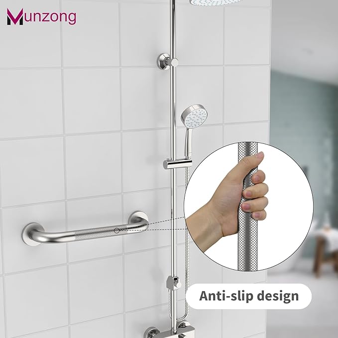 12 Inch Anti Slip Grab Bars for Wall,Munzong Stainless Steel Bathroom Grab Bars for Bathtubs and Showers,Brushed Nickel Knurled Handicap Balance Bar,Safety Hand Rail Support Elderly Senior Bath Handle