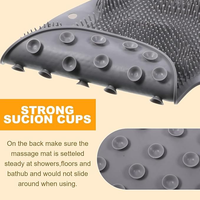 Shower Foot & Back Scrubber, Massage Pad with Suction Cups & Pumice Stone, Multi-Surface Silicone Bath Mat for Exfoliating and Massaging in Shower or Bathtub, 9.8x11.8 Inch (Green)