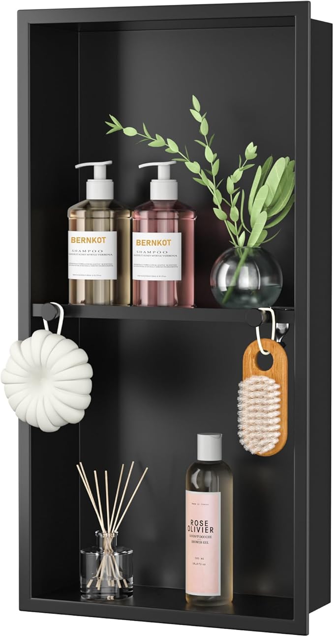Stainless Steel Shower Niche w/Hooks, Wall Vertical Niche Without Tiling, Recessed Shower Shelf for Bathroom Storage, Over-Mount Installation (Black, 12'' x 24'')