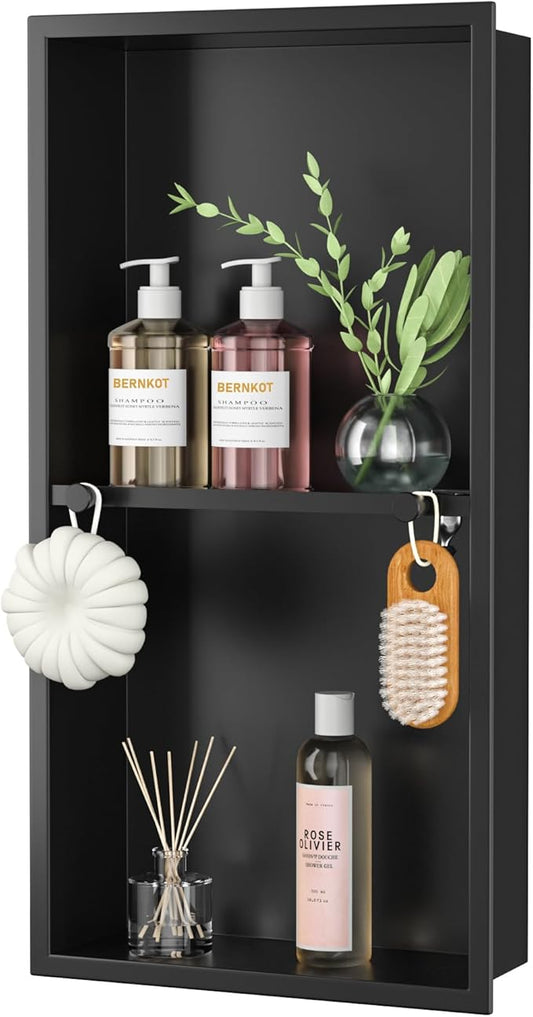 Stainless Steel Shower Niche w/Hooks, Wall Vertical Niche Without Tiling, Recessed Shower Shelf for Bathroom Storage, Over-Mount Installation (Black, 12'' x 24'')