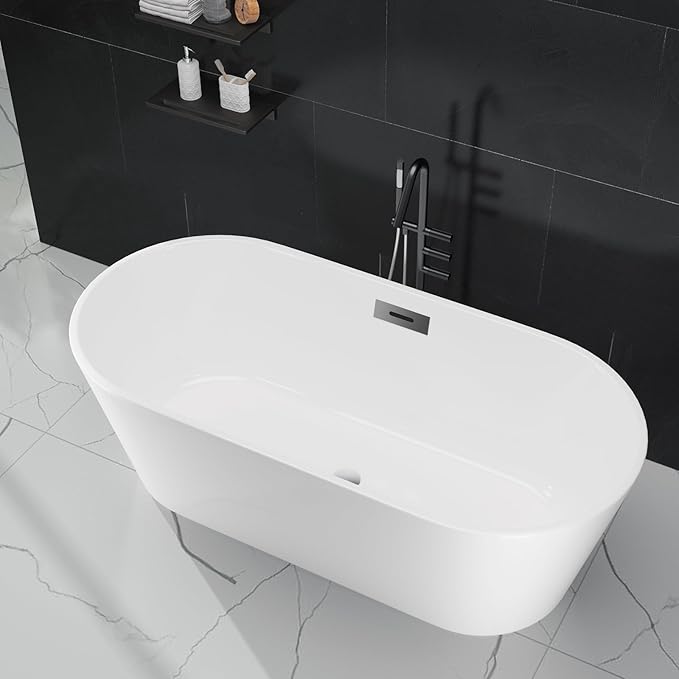67 in Acrylic Freestanding Bathtub, Contemporary Stand Alone Tub,Glossy White Soaking Tub, Oval Bathtub with Chrome Overflow and Drain, CUPC Certified