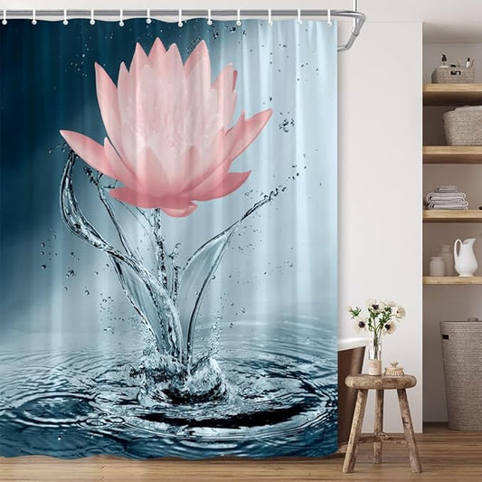 Lotus Shower Curtain Blue Red Flower Elegant Blooming Floral with Dew Spring Flower Reflection on Water Modern Romantic Polyester Fabric Bathroom Decor 108×70 Inch with Hook