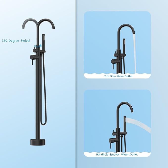 Freestanding Tub Filler Matte Black Floor Mount Bathtub Faucet Bathroom,Rough-in Valve 2 Function Handshower for Tub Rinsing Bathing,Anti-Wobble Base,Cylinder Handheld