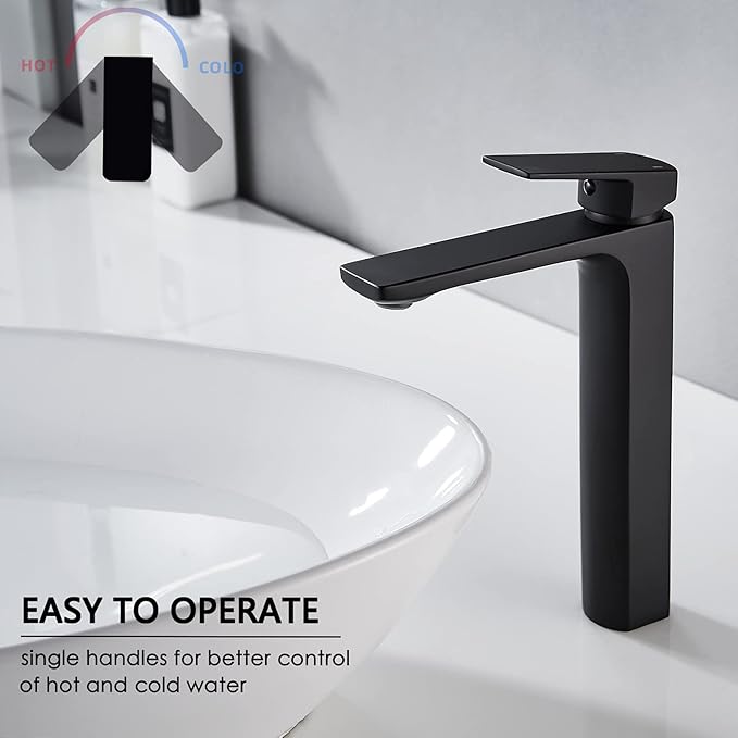 VOTON Black Vessel Sink Single Hole Tall Bathroom Faucet, RV Lavatory Vanity Basin Mixer, Solid Brass 1.2 GPM