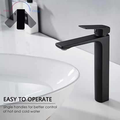 VOTON Black Vessel Sink Single Hole Tall Bathroom Faucet, RV Lavatory Vanity Basin Mixer, Solid Brass 1.2 GPM