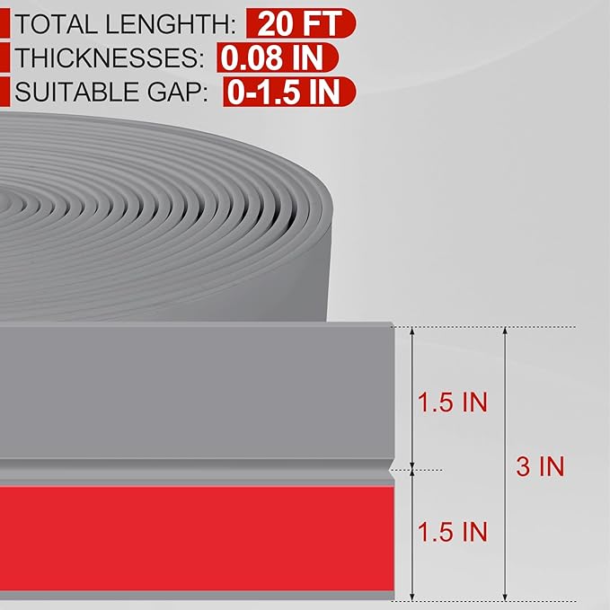 MYFAMIREA Door Weather Stripping 3IN (W) x 20FT (L) Door Draft Stopper Seal Tape Silicone Seal Strip Self Adhesive Shower Sweep Insulation Tape Side Bottom Strip for Sliding Glass Window Gap, Gray