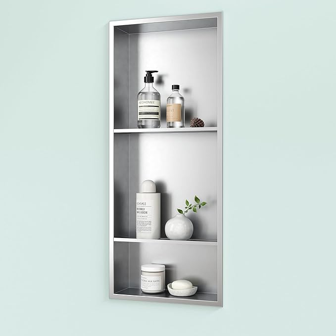 Neodrain 12X30 Inch Brushed Three Layers Stainless Steel Shower Niche, NO Tile Needed Recessed Niche Shelf for Bathroom Storage, 3-Tier Recessed Built-in Wall Niche