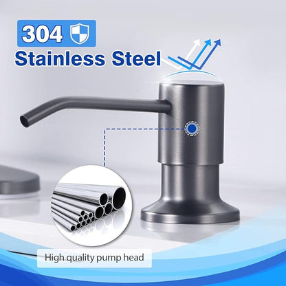WEWE in Counter Soap Dispenser for Sink, Kitchen Faucet Soap Dispenser Kitchen Sink Matte Gray Black Stainless Steel Under Counter for Dish Detergent Liquid Sink