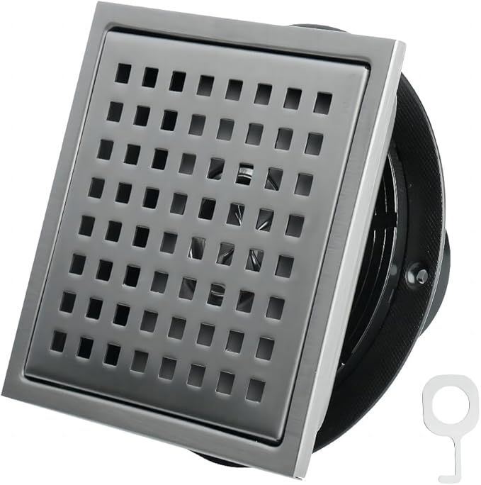 6 Inch Square Shower Drain, SUS 304 Stainless Steel Shower Drain with Flange, Removable Grid Cover Hair Strainer, High Flow Shower Floor Drain, Gun Grey