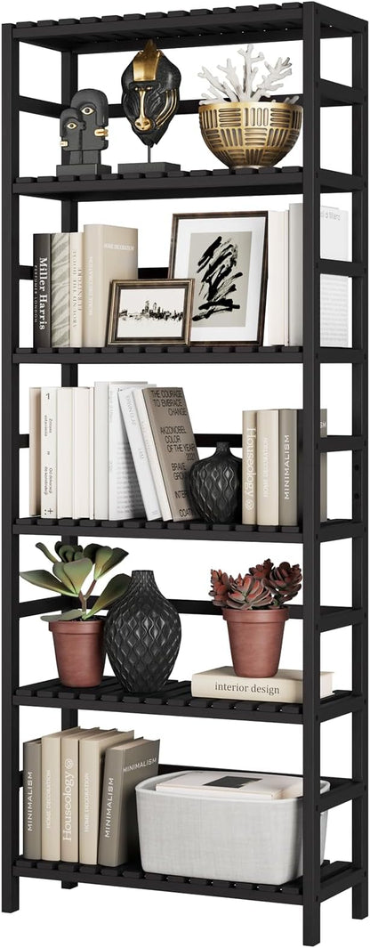 Bamjoy Bamboo Shelf, 6-Tier Bookshelf Adjustable Storage Shelves, Tall Shelving Unit Plant Stand, Storage Rack for Bathroom Home Office Living Room Kitchen, 23.6W x 10.2D x 63.4H Black