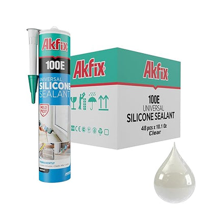 Akfix 100E RTV Clear Silicone Caulk (48x10.1 fl.oz.) - 100% Waterproof Silicone Sealant for Kitchen and Bathroom, Shower, Toilet, Sink, Window and Door, No Yellowing | Clear, 48 Pack