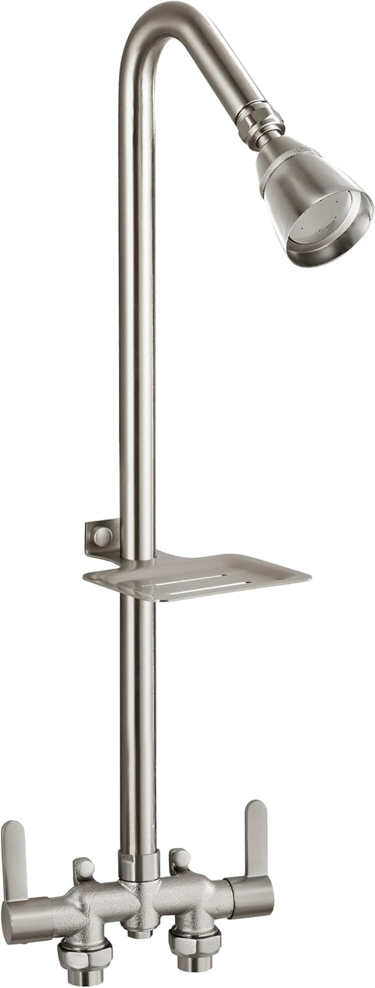 Aolemi Outdoor Shower Fixtures,Outdoor Shower Kit Faucet System 3 Inch Center with Showerhead 2 Handle Exposed Shower with Brass Mix Valve Pipe Downward with Soap Dish Brushed Nickel
