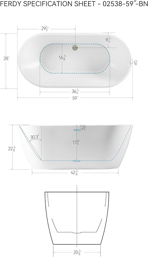FerdY Bali 59" Acrylic Freestanding Bathtub, Gracefully Shaped Freestanding Soaking Bathtub with Brushed Nickel Drain & Minimalist Linear Design Overflow, Glossy White, cUPC Certified