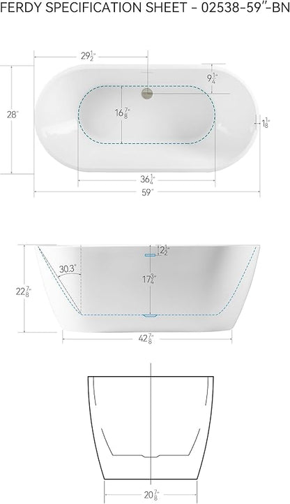 FerdY Bali 59" Acrylic Freestanding Bathtub, Gracefully Shaped Freestanding Soaking Bathtub with Brushed Nickel Drain & Minimalist Linear Design Overflow, Glossy White, cUPC Certified