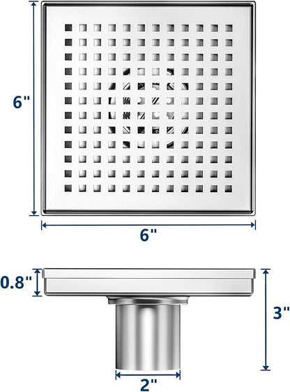 Neodrain 6-Inch Square Shower Drain with Removable Quadrato Pattern Grate, Brushed 304 Stainless Steel, with Watermark&CUPC Certified,Black