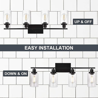 Black 4-Light Bathroom Light Fixtures with Seeded Glass Shade, 31-Inches Length Farmhouse Vanity Lights Over Mirror for Cabinet Kitchen Bedroom