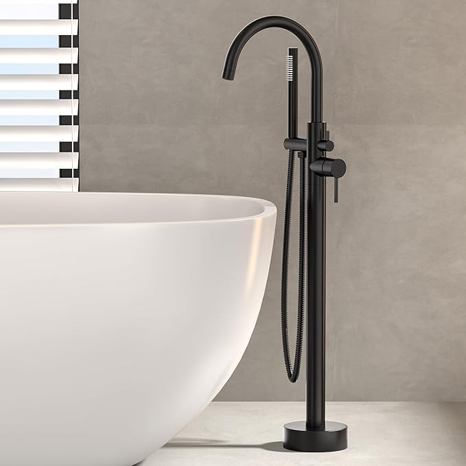 Freestanding Bathtub FaucetFloor Mount Bathtub Filler Shower Mixer Faucet with Handheld Shower Sprayer Swivel, Side Inlet，Matte Black