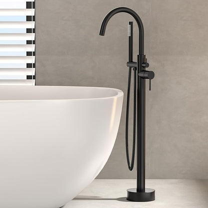 Freestanding Bathtub FaucetFloor Mount Bathtub Filler Shower Mixer Faucet with Handheld Shower Sprayer Swivel, Side Inlet，Matte Black