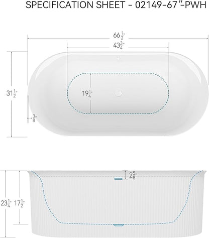 FerdY Nami 67" Acrylic Freestanding Bathtub, V Shape Freestanding Soaking Acrylic Bathtub, Modern White, cUPC Certified, Polished White Pop-Up Drain