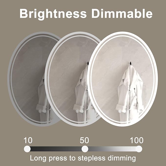 28 x 20 inch Oval LED Bathroom Mirror Anti-Fog 3 Colors Light Dimmable Wall Mounted Lighted Bathroom Vanity Mirror Memory Makeup Mirror Touch Switch