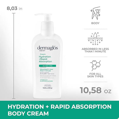 Dermaglos Moisturizing Body Cream | Hydration + Rapid Absorption, 24Hour Duration | Daily moisturizer For all Skin Types Even Sensitive | With Vitamin A, Vitamin E, Allantoin, Glycerin | 10.58 Oz