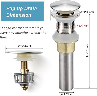 Bathroom Sink Drain,Drain Stopper Bathroom Sink Without Overflow,Pop Up Drain Assembly with Detachable Strainer Basket,Built-in Anti-Clogging Strainer,Stainless Steel Brushed Nickel
