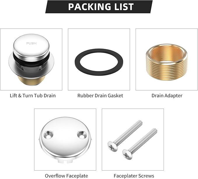 All Metal Tip-Toe Bathtub Drain Kit with Two-Hole Overflow Faceplate and Universal Fine/Coarse Thread Assembly, Bath Tub Drain Kit fits All Bathtub -Chrome Plated