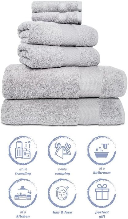 Hencely 6-Piece Bath Towel Set - High Absorbency, Quick Drying - 100% Soft Turkish Cotton - 2 Bath Towels, 2 Hand Towels, 2 Washcloths - for Bathroom, Home, Hotel, Spa, and Gym - 6-Pack Silver