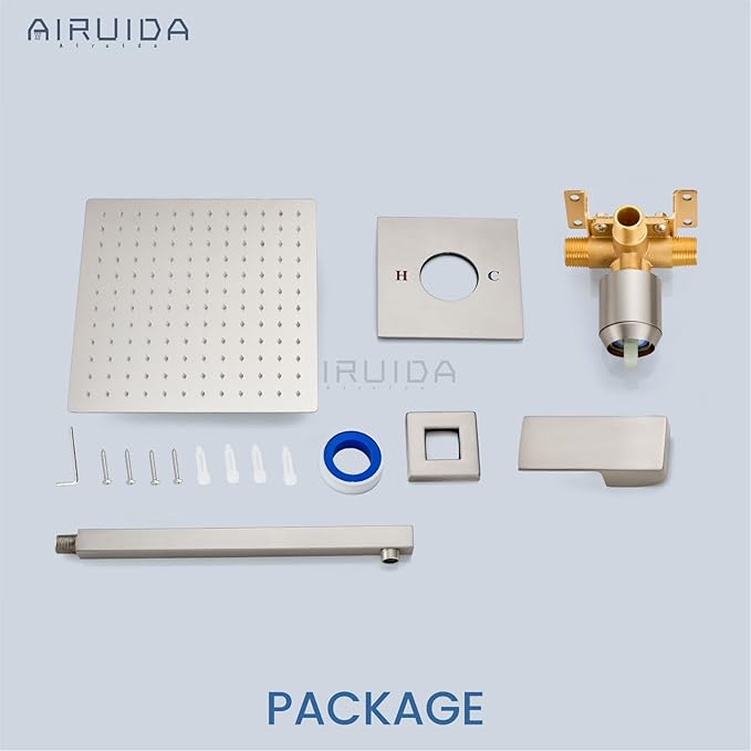 Airuida Shower Faucet Set Bathroom Rain Shower System SUS304 Stainless Steel Single Handle With Male Threads Rough-in Valve Shower Trim Kit 12 Inch Wall Mount Shower Head Brushed Nickel