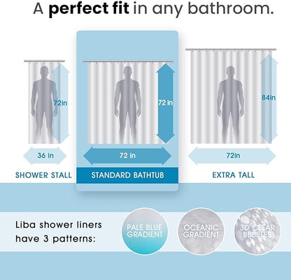 LiBa PEVA Shower Curtain Liner with 12 Plastic Shower Rings - 8G Waterproof Shower Liner, Pale Blue Gradient Weighted Bathroom Curtain, 72x72 Inch Shower Curtain Liner Set with Magnets