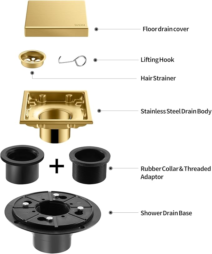 Hidden Brushed Square Shower Floor Drain, Gold 4 inch, 304 Stainless Steel, with Flange, Detachable Cover Embedded in Ceramic Tiles