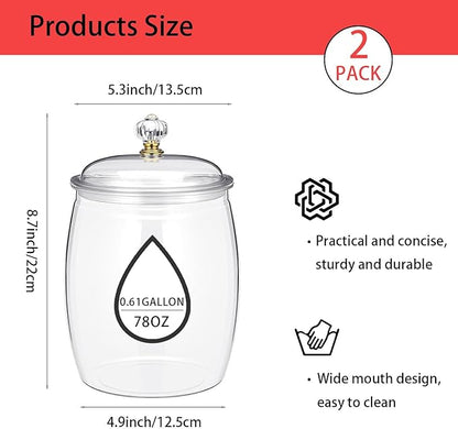 2-Piece Clear Plastic Jars,78 oz Airtight Food Storage Canisters for Candy, Cookies, & Kitchen Organization,Apothecary Jar, Buffet Containers, Large Reusable Jars for Home Decoration