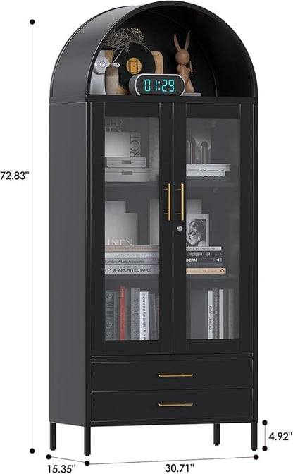 73''H Metal Arch Kitchen Pantry Cabinets, Arched Display Cabinet with Glass Doors&Drawers for Home Living Room, Assemble Required, Black