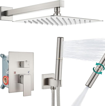 Aolemi Shower System with Rainfall Shower Head and Handheld Wall Mount,High Pressure Shower Faucet Set Fixture Combo with 2 in 1 Handheld Spray Rough-in Valve,12 Inch Shower Head Brushed Nickel