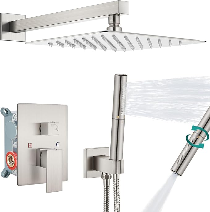 Aolemi Shower Faucet Set, High Pressure Shower System with 2-in-1 Handheld Sprayer, Wall Mount Fixture Combo with Rough-in Valve, 10 Inch Shower Head, Brushed Nickel