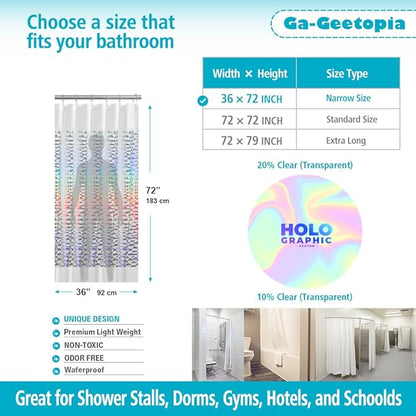 Ga-Geetopia Holographic Narrow Size 3D EVA Shower Curtain Liner Water Cube, 36x72 Premium Light Weight Plastic Bathroom Shower Curtain with Rustproof Metal Grommets