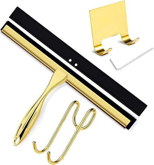 Shower Squeegee for Glass Doors, 12 Inches Bathroom Squeegee with Spare Silicone Blade, Shower Door Hook and Adhesive Hook, Stainless Steel Bathroom Squeegee for Mirror Window (12in-Gold-1 Pack)