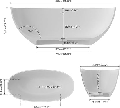 Premium 61" Solid Surface Freestanding Bathtubs, Repose-Grey Oval Stone Resin Tub with Overflow and Pop-up Drain
