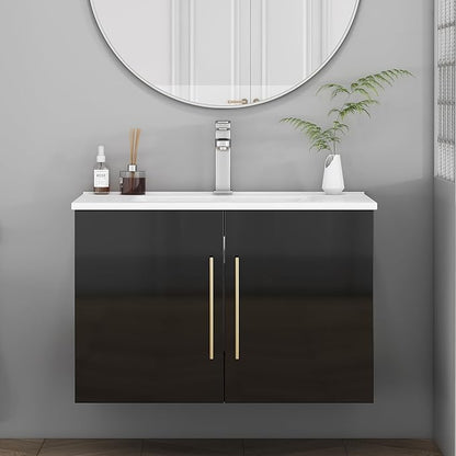 30" Wall Mounted Bathroom Vanity with Sink, High Gloss Black Floating Cabinet, Modern Gold Handles, Soft Close Doors, Integrated Ceramic Top for Powder Room