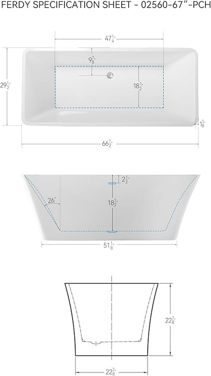 FerdY Sentosa 67" Acrylic Freestanding Bathtub, Contemporary Design Soaking Tub with Polished Chrome Drain and Minimalist Linear Design Overflow, Easy to Install, 02560