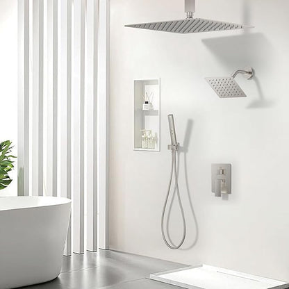 Rain Shower System Brushed Nickel Shower Faucet Set, Dual Rainfall Shower Head Set with 2 in 1 Handheld Spray, Ceiling Mount 12-inch & 6-inch Square Showerheads with Valve, Brushed Nickel