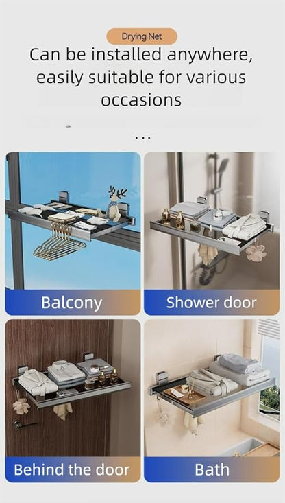 Oleth Telescopic Suction Cup Bathroom Towel Rack & Balcony Drying Net: Super Strong Suction, Tool-Free Install, Wall-Safe. Fits Smooth Surfaces for Towels/Small Items.Bathroom Concealed Folding Shelf