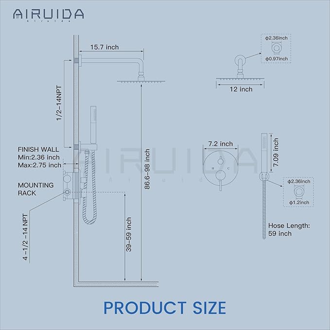Airuida Shower Fixtures 2 Functions Shower Faucet Set Wall Mounted for Bathroom High Pressure Brass Handheld Shower with Rough-in Valve Round Rainfall 12 Inch Shower Head Chrome Polish